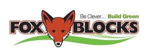 Fox Blocks ICF Logo. Between Fox and Blocks is a picture of the head of a fox. The tagline reads "Be Clever...Build Green."